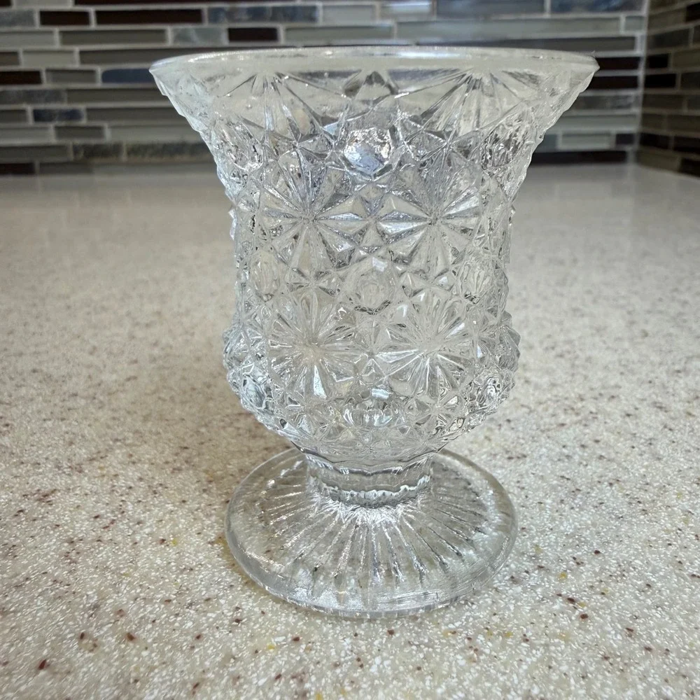 VTG Clear Pressed Glass Pedestal Toothpick Holder Starburst Pattern 2.5